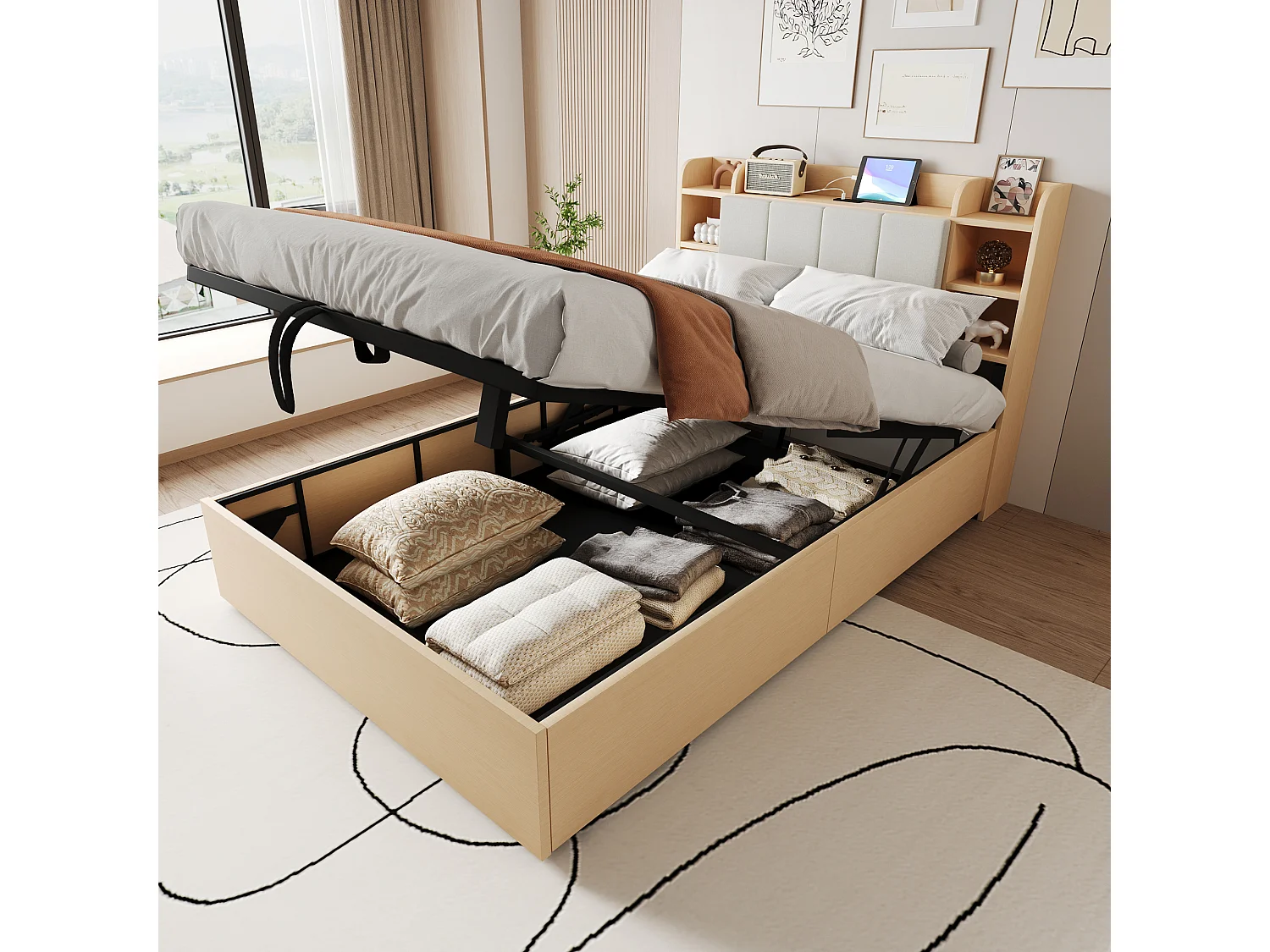 Hydraulisch bed 140x200 cm van MDF, naturel hout, met opbergruimte en USB/Type-C