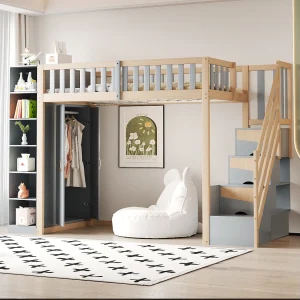 Hoogslaper 90×200 cm van hout met kast, planken en opbergladder, grijs/naturel Hoogslaper 90×200 cm van hout met kast, planken en opbergladder, grijs/naturel