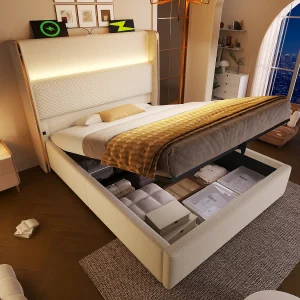 Hydraulisch gestoffeerd bed 90×200 cm van linnenlook stof, beige, met LED, opbergruimte en USB/Type-C (incl. matras) Hydraulisch gestoffeerd bed 90×200 cm van linnenlook stof, beige, met LED, opbergruimte en USB/Type-C (incl. matras)