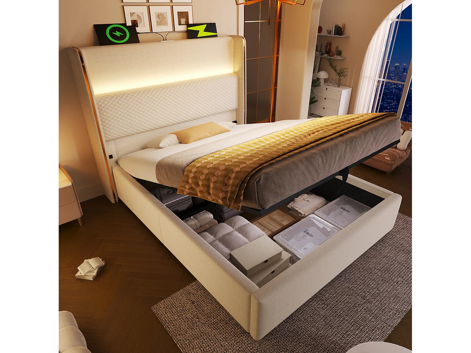 Hydraulisch gestoffeerd bed 90x200 cm van linnenlook stof, beige, met LED, opbergruimte en USB/Type-C (incl. matras)