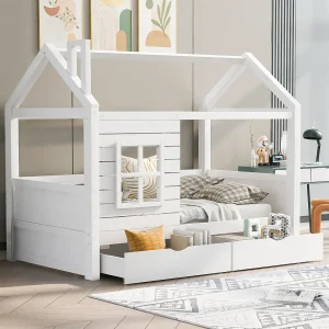 Huisbed kinderbed 90×200 cm van massief grenenhout, wit, met valbeveiliging en 2 lades