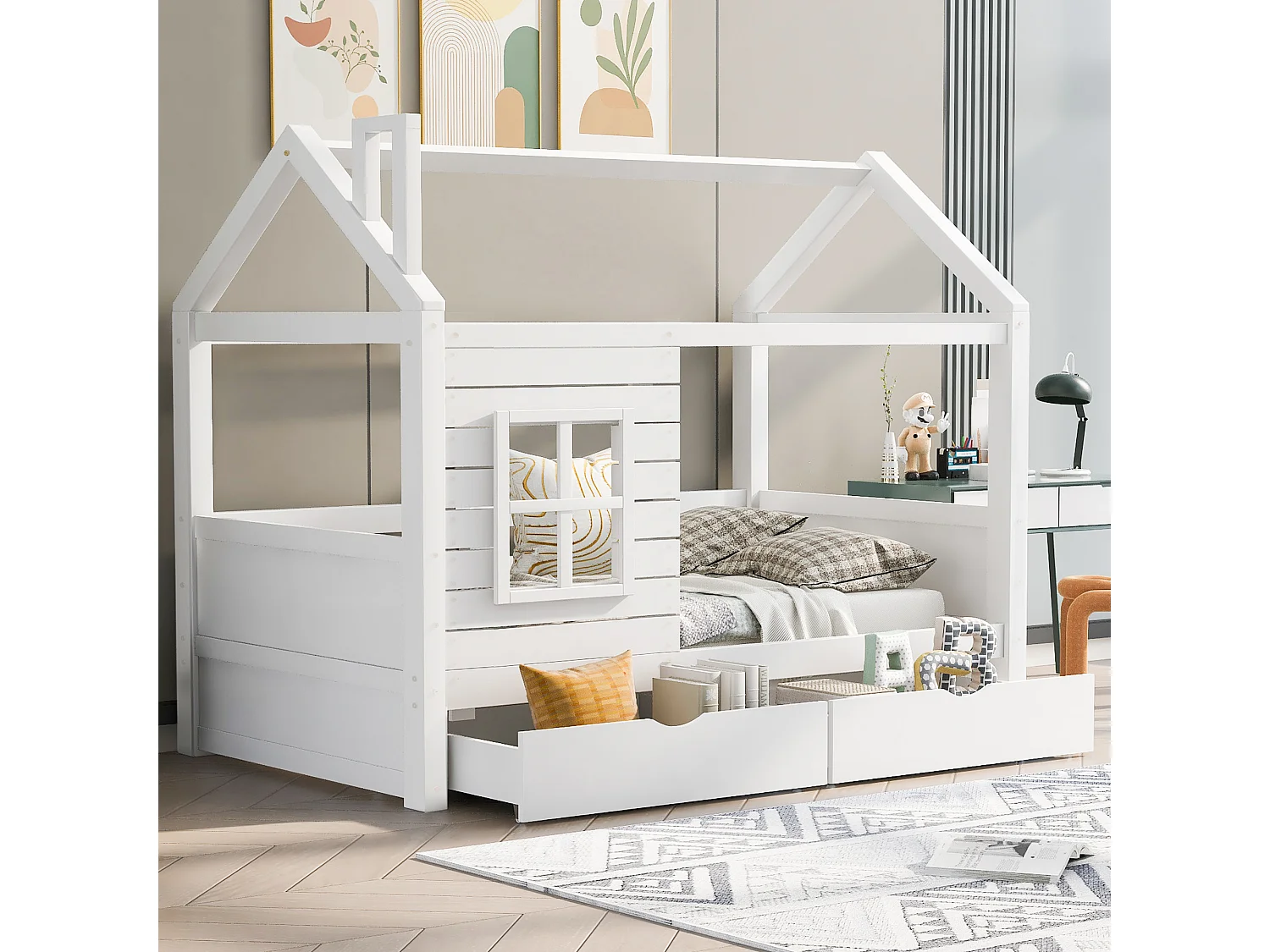 Huisbed kinderbed 90x200 cm van massief grenenhout, wit, met valbeveiliging en 2 lades