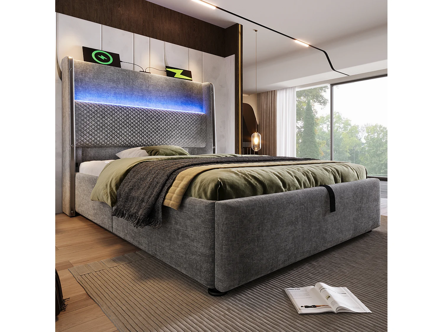 Hydraulisch gestoffeerd bed 90x200 cm van linnen met LED, opbergruimte en USB/Type-C, grijs (incl. matras)