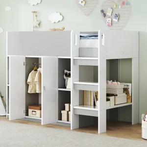 Hoogslaper 90×200 cm van hout, grijs/wit, met ladder, kast en opbergrekken