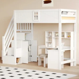 Hoogslaper 252.5x97x170 cm 90×200 cm van hout, wit, met opbergruimte en omkeerbare ladder Hoogslaper 252.5x97x170 cm 90×200 cm van hout, wit, met opbergruimte en omkeerbare ladder