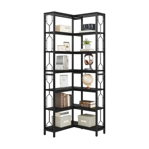 Hoekplank, industriële hoekboekenplank met 7 niveaus, hoek-etagère boekenkast van hout en metaal, vrijstaande displayplank
