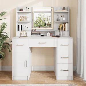 Kaptafel met spiegel, instelbare helderheid, kaptafel met 7 lades, USB-oplaadpoort, föhnhouder, MDF, wit