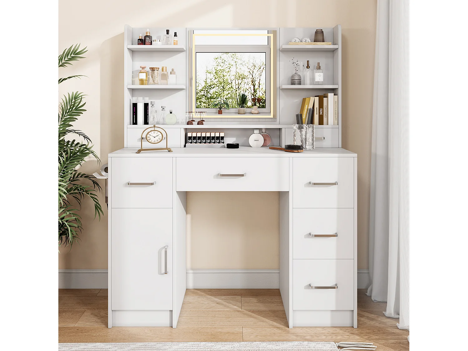 Kaptafel met spiegel, instelbare helderheid, kaptafel met 7 lades, USB-oplaadpoort, föhnhouder, MDF, wit