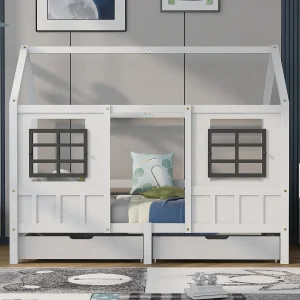 Huisbed met 2 lades, eenpersoonsbed, boxspring, kinderbed met 2 ramen, grenen frame, MDF, wit (200x90cm)