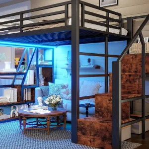 Hoogslaper van ijzer 140×200 cm – Opbergvakken – Veiligheidshekjes + ladder – LED-verlichting – Zwart (matras niet inbegrepen) Hoogslaper van ijzer 140×200 cm – Opbergvakken – Veiligheidshekjes + ladder – LED-verlichting – Zwart (matras niet inbegrepen)