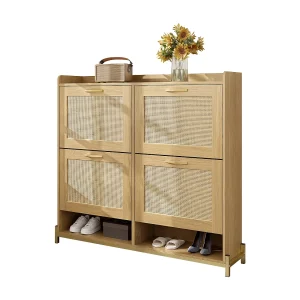 Houten schoenenkast met 4 rotandeuren – 108,5 x 24 x 100 cm – metalen frame – MDF – naturel Houten schoenenkast met 4 rotandeuren – 108,5 x 24 x 100 cm – metalen frame – MDF – naturel