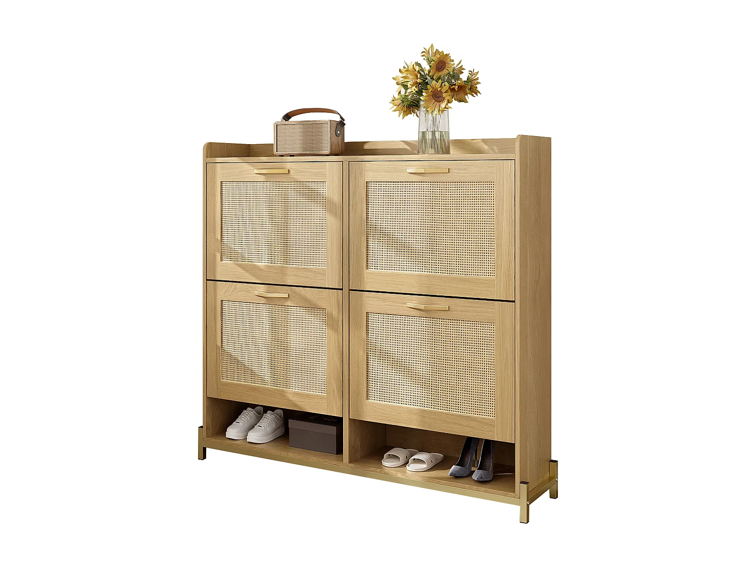 Houten schoenenkast met 4 rotandeuren - 108,5 x 24 x 100 cm - metalen frame - MDF - naturel