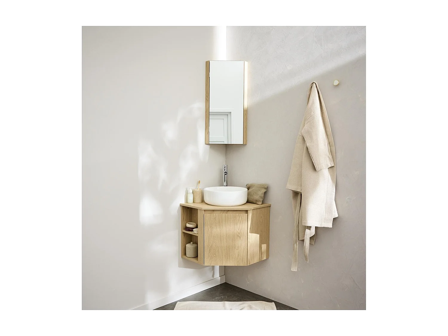 Hoekmeubelset + wastafel + kraan + SORRENTO hoekbadkamerkast