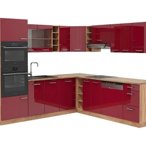 Hoekkeuken rood hoogglans/gouden eik 247x60x81.6 r-line
