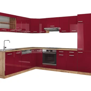 Hoekkeuken rood hoogglans/gouden eik 287x60x81.6 r-line