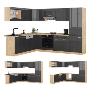 Hoekkeuken antraciet hoogglans/goud eiken 287x46x81.6 r-line Hoekkeuken antraciet hoogglans/goud eiken 287x46x81.6 r-line