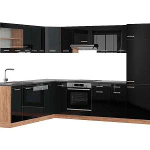 Hoekkeuken eiken hoogglans zwart/goud 287x60x81.6 r-line Hoekkeuken eiken hoogglans zwart/goud 287x60x81.6 r-line