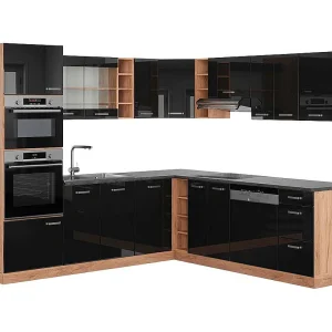 Hoekkeuken eiken hoogglans zwart/goud 247x60x81.6 r-line Hoekkeuken eiken hoogglans zwart/goud 247x60x81.6 r-line