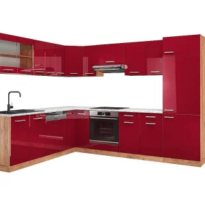 Hoekkeuken rood hoogglans/gouden eik 287x60x81.6 r-line