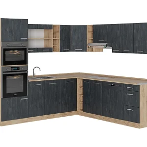 Hoekkeuken zwart beton/goud eiken 247x46x81.6 r-line Hoekkeuken zwart beton/goud eiken 247x46x81.6 r-line
