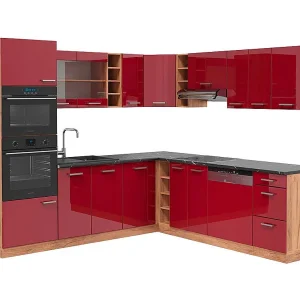 Hoekkeuken rood hoogglans/gouden eik 247x60x81.6 r-line