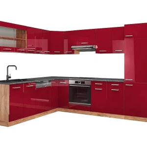 Hoekkeuken rood hoogglans/gouden eik 287x60x81.6 r-line