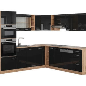 Hoekkeuken eiken hoogglans zwart/goud 247x60x81.6 r-line Hoekkeuken eiken hoogglans zwart/goud 247x60x81.6 r-line