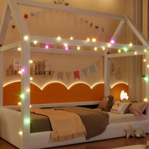 Huisbed 90x200cm – met LED-lichtstrip – Dakdesign – MDF – Beige (matras niet inbegrepen)
