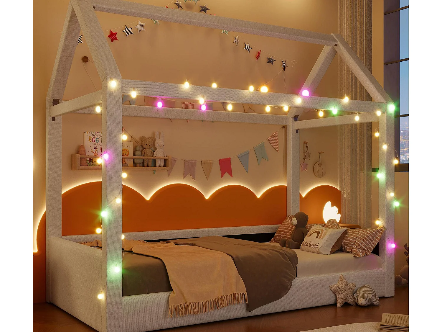 Huisbed 90x200cm - met LED-lichtstrip - Dakdesign - MDF - Beige (matras niet inbegrepen)