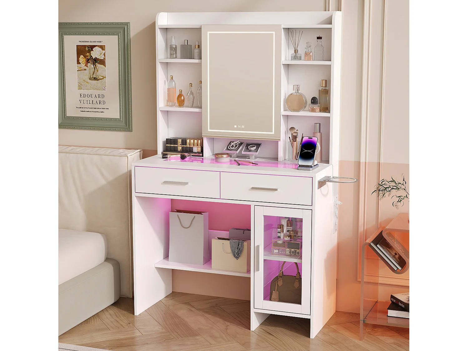 Kaptafel met LED-spiegel, 3 kleuren met instelbare helderheid, witte kaptafel met opbergruimte, open planken en lades, stopcontact, make-uptafel