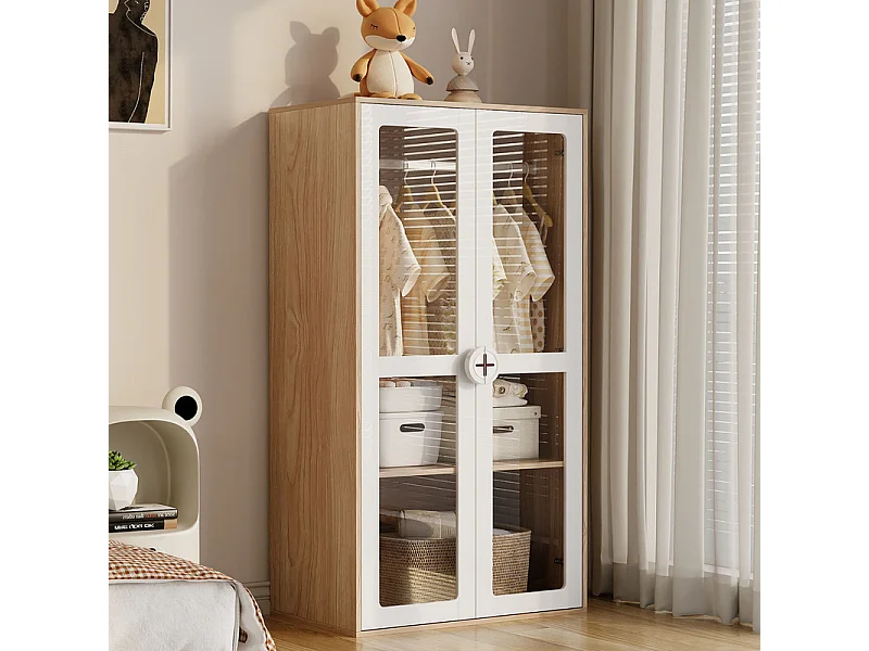 Kast - 2 Deuren Glas - met Kledingstang - Verstelbare Planken 10 Niveaus 80x50x150cm
