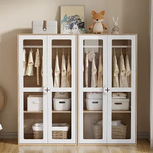 Kast – 4 Deuren Glas – met Kledingstang – Verstelbare Planken 10 Niveaus 160x50x150cm