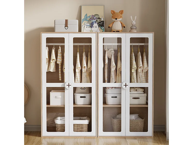 Kast - 4 Deuren Glas - met Kledingstang - Verstelbare Planken 10 Niveaus 160x50x150cm