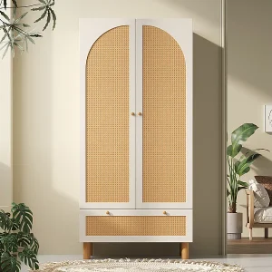 Kast 2 Deuren Ratan en 1 Lade – met Kledingstang – Verstelbare Planken – Kantelbeveiliging 85.5x52x180.5cm