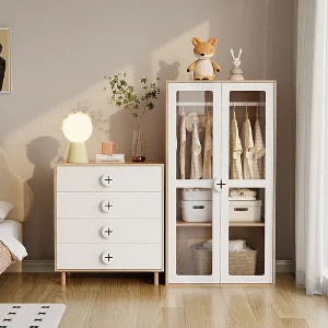 Kast 2 Deuren Glas – met Commode 4 Laden – MDF – Wit + Natuur 80x50x150cm