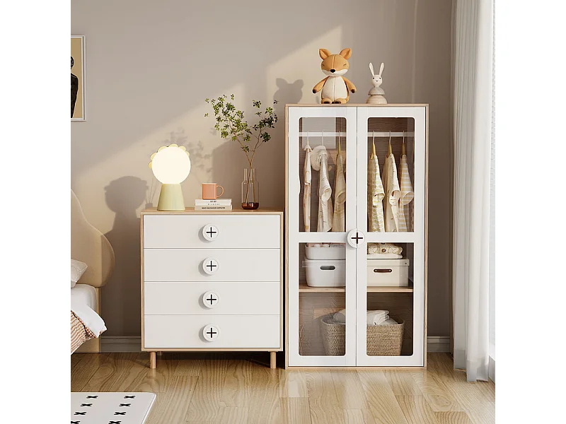 Kast 2 Deuren Glas - met Commode 4 Laden - MDF - Wit + Natuur 80x50x150cm