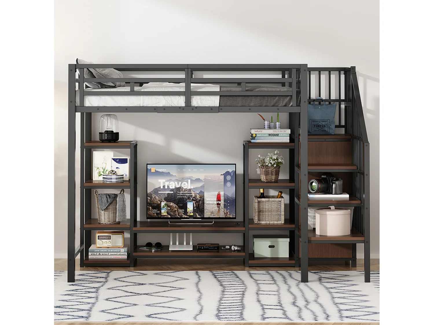Hoogslaper 90x200 cm met tv-meubel, stopcontact, veiligheidsladder, metaal en hout – Ruimtebesparend met opbergruimte, Zwart