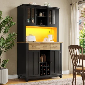 Hoge keukenkast met 4 deuren + 3 laden + plank + LED's – 106 x 40 x 179,5 cm – MDF – zwart