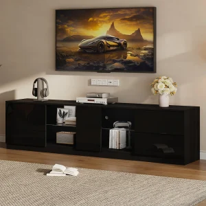 Hoogglans tv-meubel – 160 x 40 x 52 cm – met led's + 1 deur + 2 laden – MDF – zwart Hoogglans tv-meubel – 160 x 40 x 52 cm – met led's + 1 deur + 2 laden – MDF – zwart