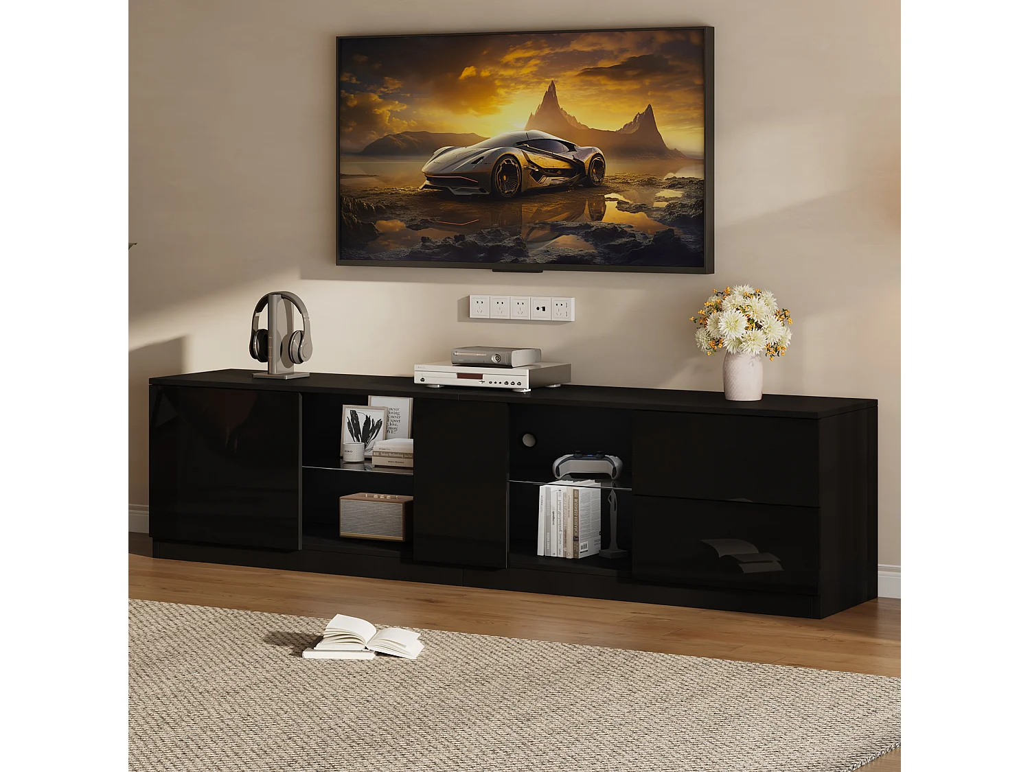 Hoogglans tv-meubel - 160 x 40 x 52 cm - met led's + 1 deur + 2 laden - MDF - zwart
