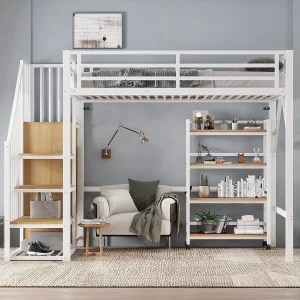 Hoogslaper van metaal, 90×200 cm, met 4-laags plank op wielen, veiligheidsrail, hoekkast met hangstang, metaal en MDF, wit en naturel Hoogslaper van metaal, 90×200 cm, met 4-laags plank op wielen, veiligheidsrail, hoekkast met hangstang, metaal en MDF, wit en naturel