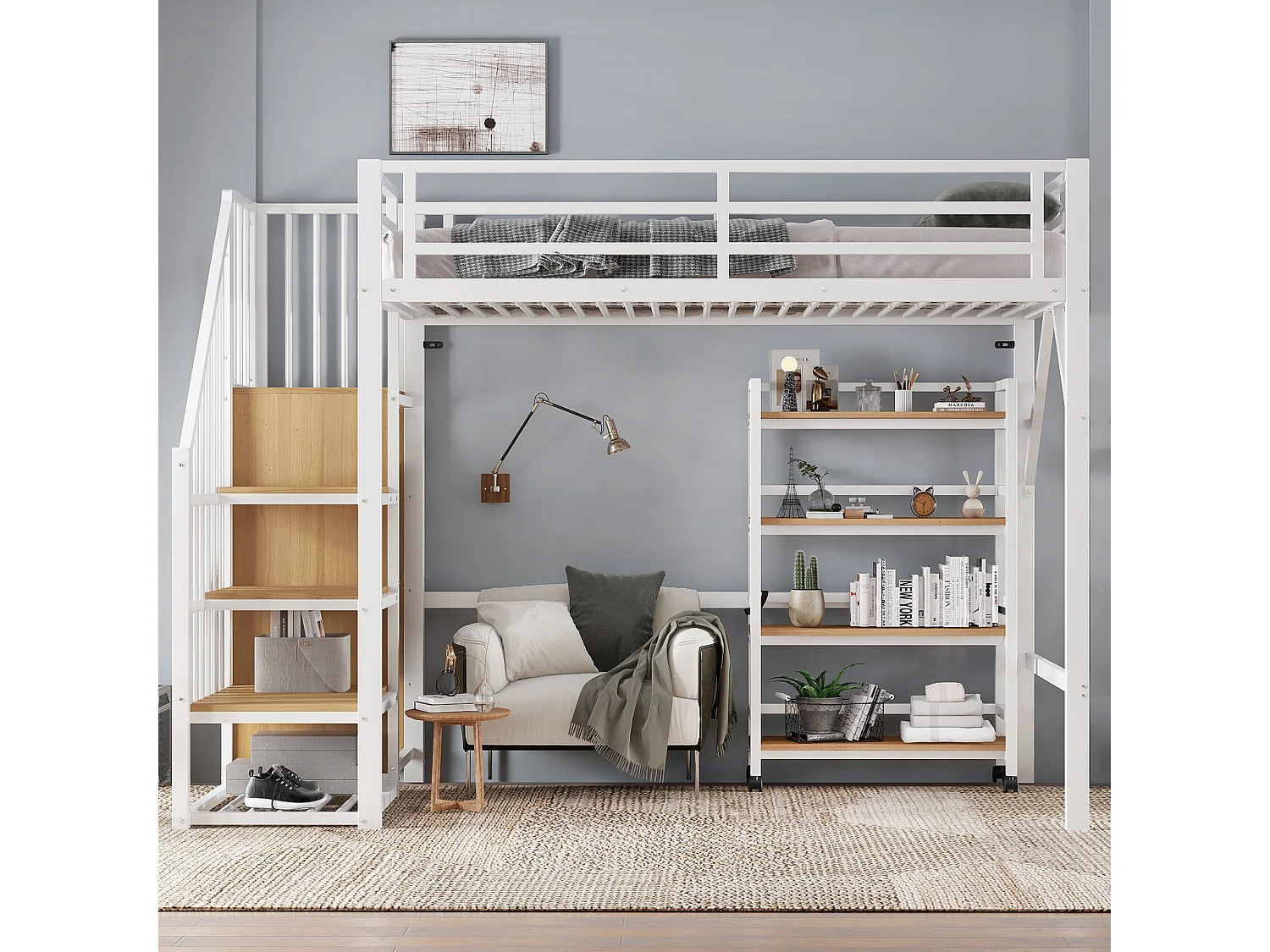 Hoogslaper van metaal, 90x200 cm, met 4-laags plank op wielen, veiligheidsrail, hoekkast met hangstang, metaal en MDF, wit en naturel