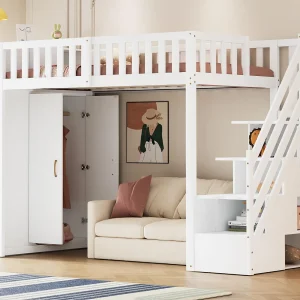 Hoogslaper 90×200 cm – met planken – met vakken en kasten – met ladder – wit (matras niet inbegrepen) Hoogslaper 90×200 cm – met planken – met vakken en kasten – met ladder – wit (matras niet inbegrepen)