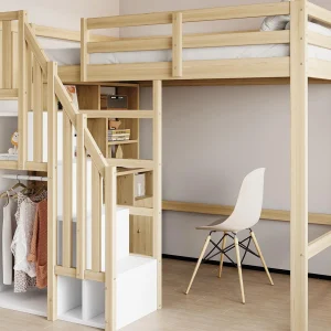 Hoogslaper 90×200 cm – met planken – met werkblad – met ladder – naturel (matras niet inbegrepen) Hoogslaper 90×200 cm – met planken – met werkblad – met ladder – naturel (matras niet inbegrepen)