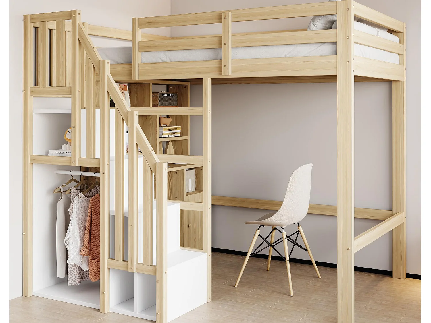Hoogslaper 90x200 cm - met planken - met werkblad - met ladder - naturel (matras niet inbegrepen)