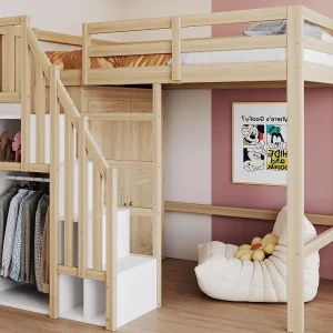 Hoogslaper 90×200 cm – met veiligheidsladder + kast – frame van massief hout – naturel (matras niet inbegrepen)