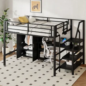 Hoogslaper 140x200cm met opbergtrap, bureau en kledingkast – Metaal + MDF – Zwart Hoogslaper 140x200cm met opbergtrap, bureau en kledingkast – Metaal + MDF – Zwart