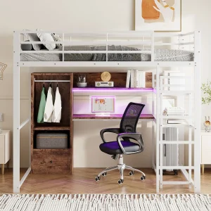 Hoogslaper 140x200cm met LED-verlichting, bureau, lade en planken, metalen frame, wit Hoogslaper 140x200cm met LED-verlichting, bureau, lade en planken, metalen frame, wit