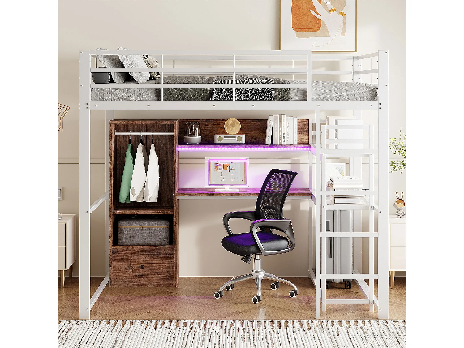 Hoogslaper 140x200cm met LED-verlichting, bureau, lade en planken, metalen frame, wit