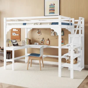 Hoogslaper 140x200cm met L-vormig bureau, kledingkast en trap, grenen + MDF, wit Hoogslaper 140x200cm met L-vormig bureau, kledingkast en trap, grenen + MDF, wit